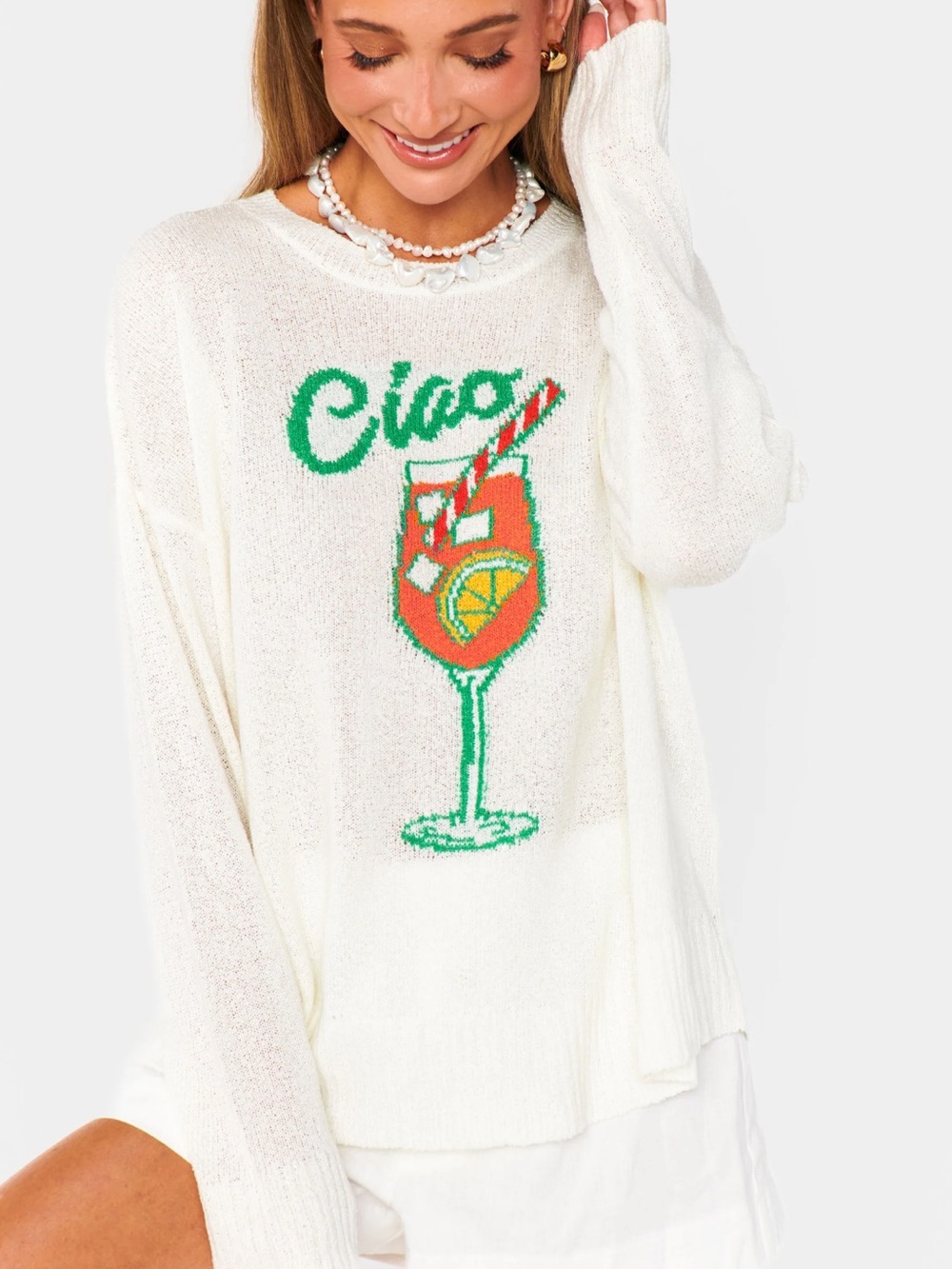 Show Me Your MuMu White Sweater with Colorful Cocktail Graphic